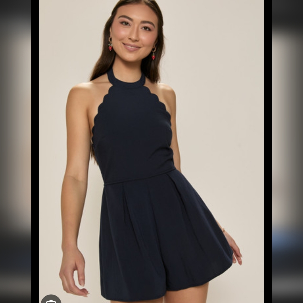 Max + Ash Navy Scalloped Romper Size Small NWT Elegant Tie Waist Dressy Romper